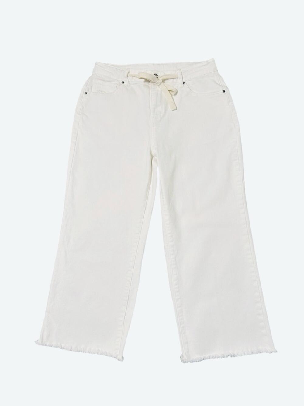 Sidefeel White Jeans Size 10 High-Rise Wide-Leg Waist Drawstring Tie Frayed Hem